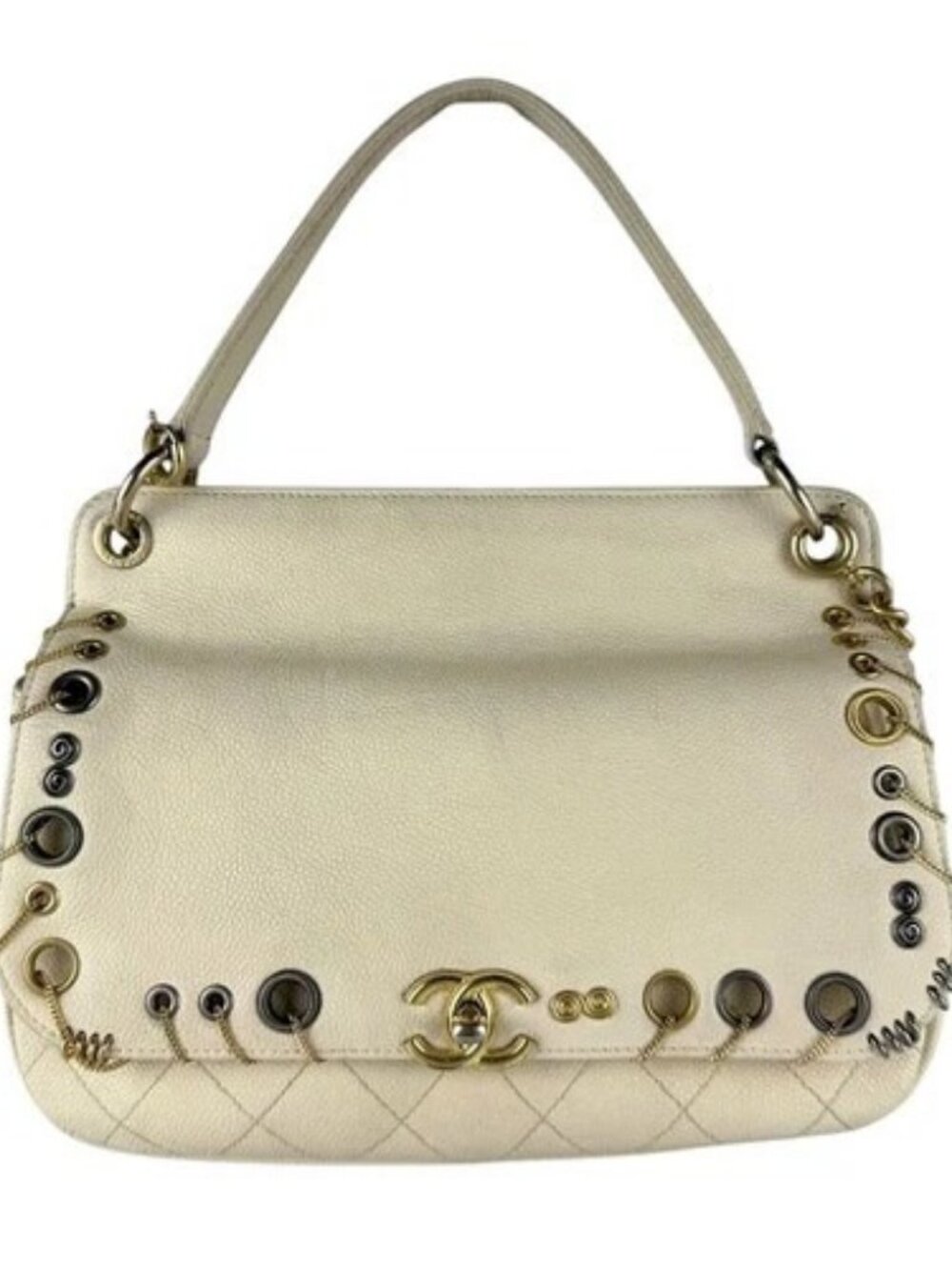 Auth CHANEL Handbag Shoulder Bag Off White/Gold/Silver Leather/Metal - z10667